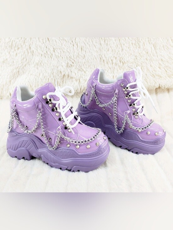 Anthony Wang Shoes - WTF By Anthony Wang Lilac Patent Sneakers Chain Studded Hidden Wedge 7.5 NWOT